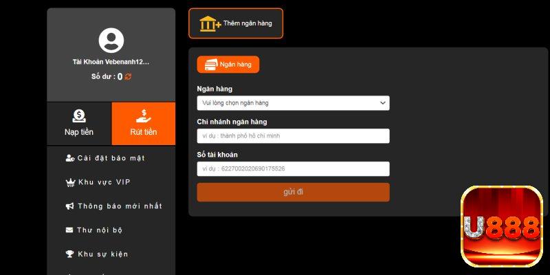 Form thông tin rút tiền U888 dành cho hội viên